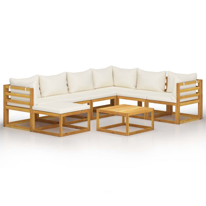 Grand Salon de Jardin Modulable 6 Places + Pouf en Acacia & Coussins Crème - Riviera