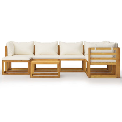 Grand Salon de Jardin Modulable 6 Places + Pouf en Acacia & Coussins Crème - Riviera