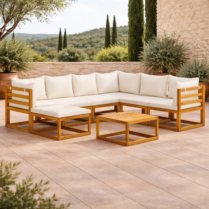 Grand Salon de Jardin Modulable 6 Places + Pouf en Acacia & Coussins Crème - Riviera