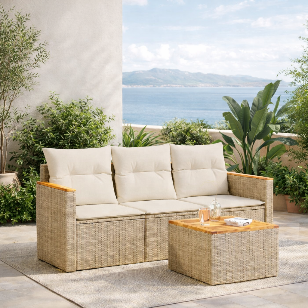 Salon de Jardin 3 Places Résine Tressée Beige & Acacia avec Coffres - Toscane