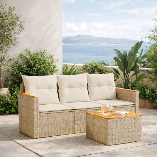 Salon de Jardin 3 Places Résine Tressée Beige & Acacia avec Coffres - Toscane