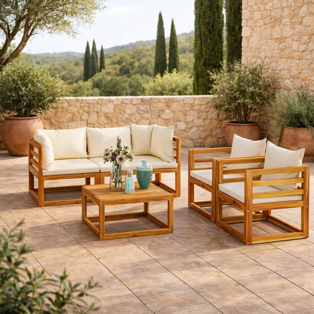 Salon de Jardin 4 Places en Acacia & Coussins Crème - Riviera Lounge