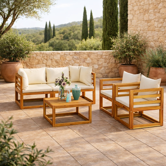 Salon de Jardin 4 Places en Acacia & Coussins Crème - Riviera Lounge