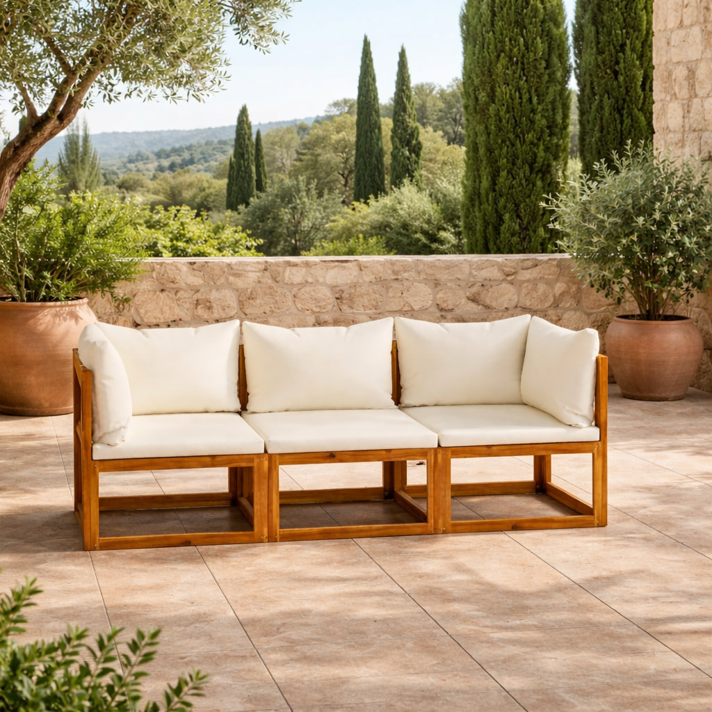 Petit Canapé 3 Places Modulable Acacia & Coussins Crème - Riviera Compact